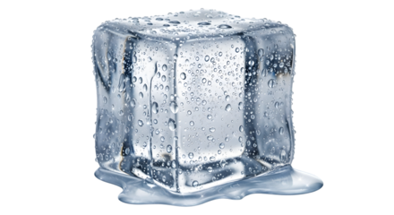 Close-up melting ice cube with water droplets on transparent background