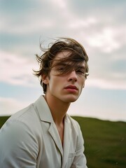 A male model on a grassy hilltop &ndash; Cinematic Open Sky Portrait