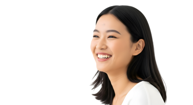 Young asian woman smiling and laughing isolated on transparent background