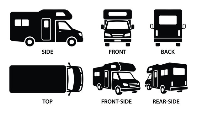 RV motorhome black vector icons set with side, front, back, top, and various angled perspectives.
