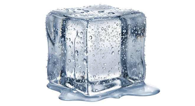 Close-up melting ice cube with water droplets on transparent background