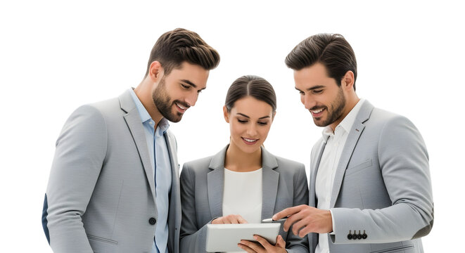 Three business people looking at a tablet isolated on transparent background - Powered by Adobe