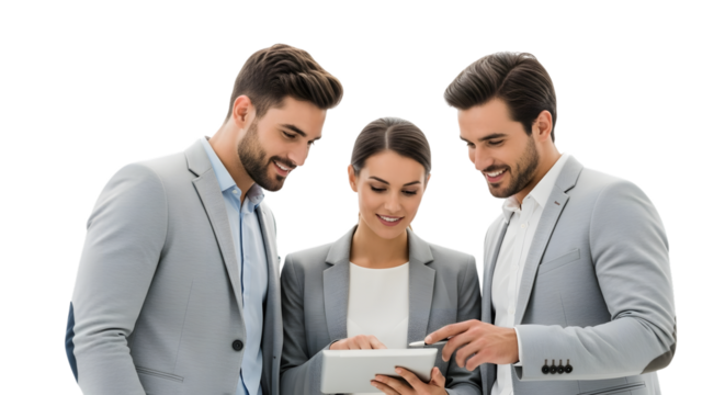 Three business people looking at a tablet isolated on transparent background