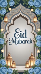 Elegant Eid Mubarak greeting card with flowers lanterns and stars background
