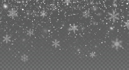 Vector illustration. Snowfall effect with snowflakes and snow balls. Big snow falling banner with snowflakes in different sizes on a transparent background.