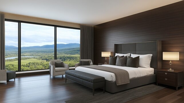 Modern luxury hotel bedroom featuring dark wood large window view and scenic landscape