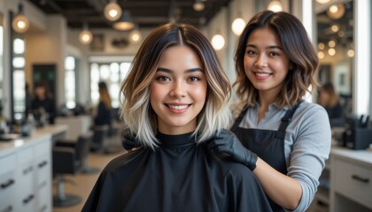 Two women in a modern salon, one styling hair while the other smiles, showcasing a trendy and welcoming atmosphere.
