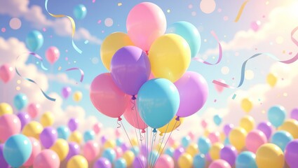 Colorful balloons floating in festive sky with confetti