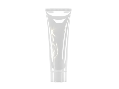 Modern glossy tube packaging with subtle liquid highlights white background