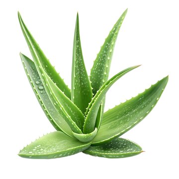 A vibrant green aloe vera plant with thick, fleshy leaves showing small water droplets, isolated on white background