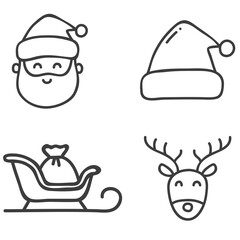 A collection of sixteen black and white line art icons representing various Christmas holiday symbols.