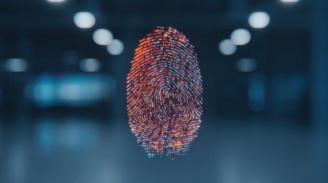 A colorful digital representation of a fingerprint, set against a blurred background, emphasizing identity and security themes.