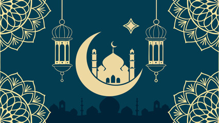 Illustration of a mosque with a crescent moon, lanterns, and floral patterns on a teal background
