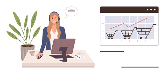 Female professional in headset managing customer service at desk paired with upward sales growth chart. Ideal for e-commerce, customer service, sales, business growth, teamwork, marketing