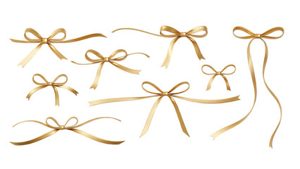 Minimal gold ribbons and bows set, soft curves, isolated on neutral background