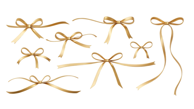 Minimal gold ribbons and bows set, soft curves, isolated on neutral background