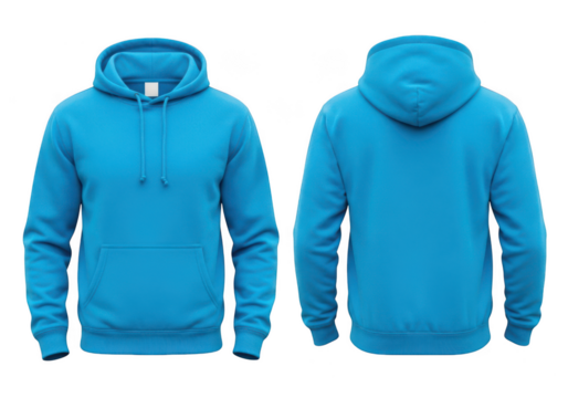 Front and back view of a bright blue hooded sweatshirt with pocket isolated on transparent background