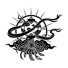 Lunar New Year Lantern Detailed blue glowing lantern silhouette with swirling ribbon