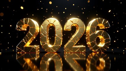 Golden 2026 numerals with cracked texture and sparkles