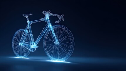 A detailed futuristic bicycle, rendered in glowing neon outlines, floats against a rich, dark backdrop. ..Created with Generative AI, not depicting real subjects.