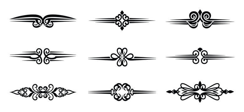 Nine ornamental dividers. Elegant flourish designs. Decorative text separators. Swirling border elements.
