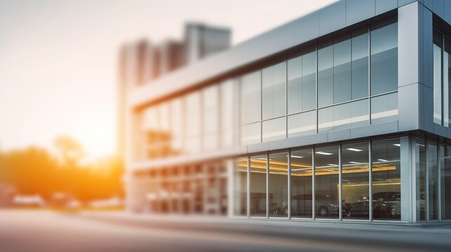 Blurred modern vehicle dealership exterior, defocused business background with automobile showroom architecture and commercial display, automotive retail visualization with copy space
