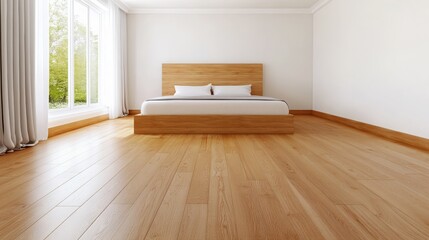Fototapeta premium Minimalist bright bedroom with wooden platform bed and large window facing greenery
