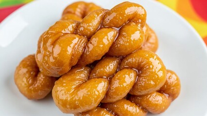 A delectable close-up of a glazed twisted doughnut, a sweet and popular typical food dessert on a white plate