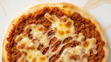 Savory Arabic flatbread pizza with spiced minced meat and melted cheese, a delicious typical food from Middle Eastern cuisine on a marble table
