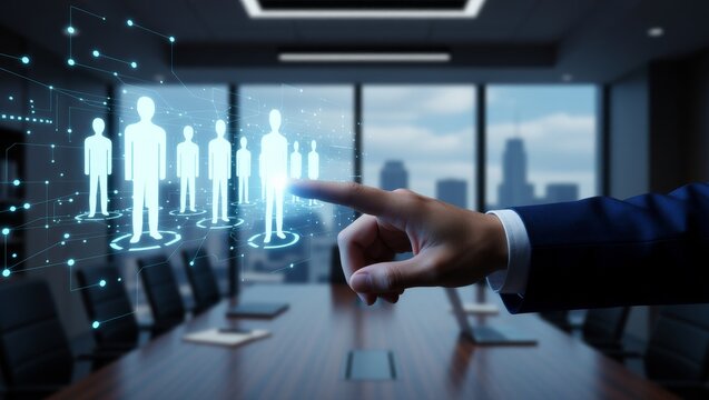Hand interacting with digital human icons in modern office - Powered by Adobe