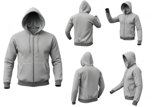 Set of grey zip-up hooded sweatshirts shown from multiple angles on black isolated on transparent background