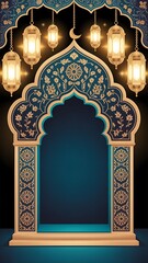 Elegant islamic style arched frame with hanging lanterns and floral details