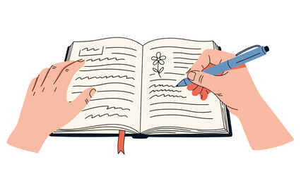 Engaging in mindful journaling and creative writing, a person's hands meticulously capture thoughts and ideas in an open notebook