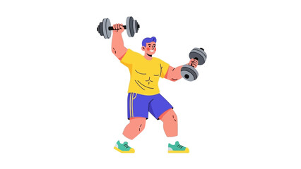 Energetic Man Joyfully Lifting Dumbbells with Enthusiasm, Engaged in a Dynamic Strength Training Workout for Fitness