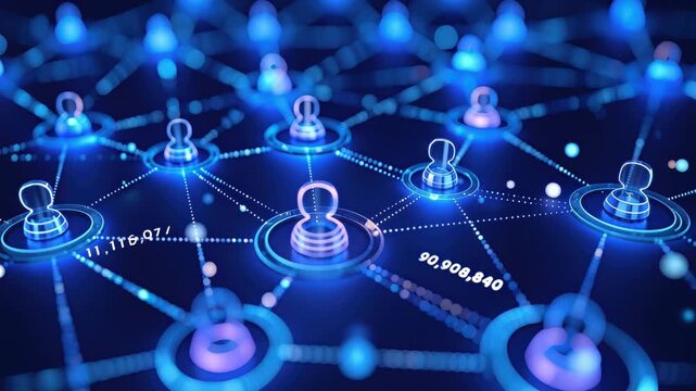 Abstract blue network of glowing connections with rotating transparent humanoid icons on circular bases, data lines flashing as a camera glides between figures over a deep blue background