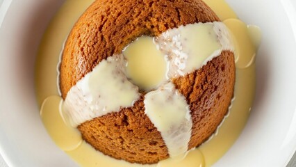 A delicious serving of a classic British sponge pudding, a typical food dessert covered in warm, creamy custard sauce in a white bowl