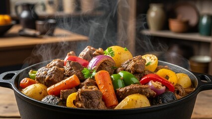 A delicious and steaming pot of hearty beef and vegetable stew, a classic example of comforting typical food for a family meal