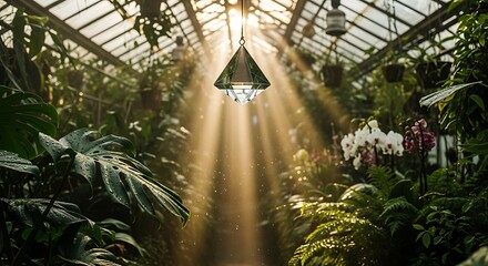 Serene Greenhouse Oasis with Lush Greenery and Sunbeams