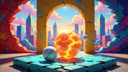 Glowing sphere in cracked archway with cityscape
