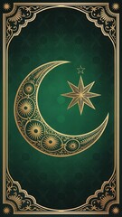 Golden crescent moon and star design on a dark green background