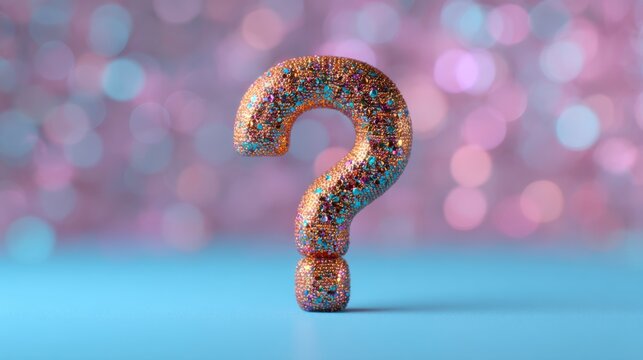 A colorful, sparkly question mark stands out against a soft blue and pink bokeh background, symbolizing curiosity and inquiry.