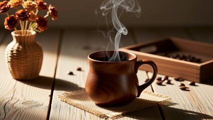 Steaming coffee mug with roses and beans on wooden table