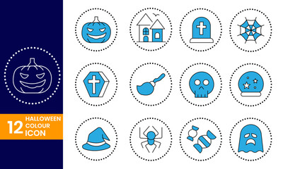 A collection of blue halloween icons with editable stroke, including spooky symbols, isolated on
