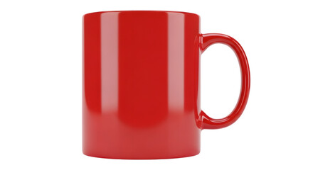 Vibrant red ceramic coffee mug, empty, isolated on a clean background.