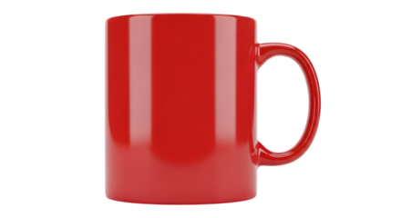 Vibrant red ceramic coffee mug, empty, isolated on a clean background.