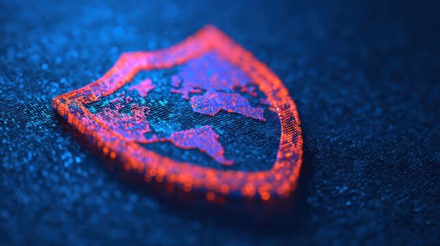 A vibrant digital shield logo representing cybersecurity, featuring a world map, against a textured blue background.