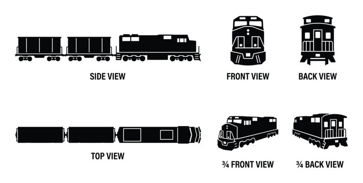 Train and freight cars in various viewing angles flat icon set including side, front, back, top, three-quarter front, and three-quarter back views