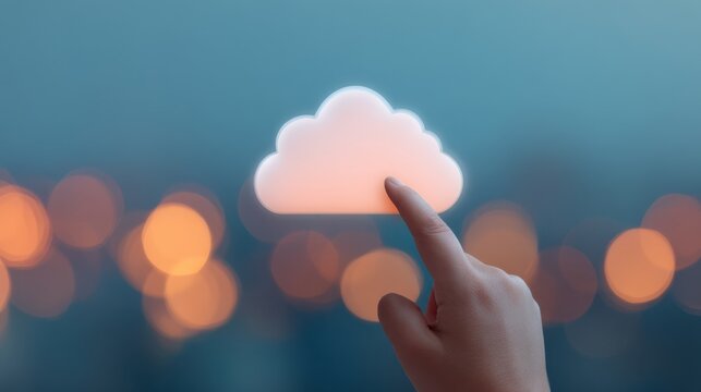 A hand touches a glowing cloud icon against a blurred background of soft lights, symbolizing digital connectivity and cloud technology. - Powered by Adobe