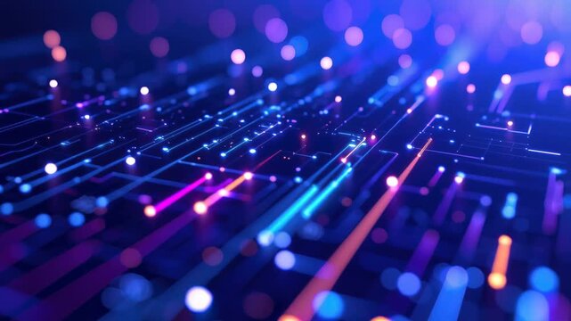 Close up of a futuristic circuit board with glowing neon blue purple and pink traces, rapid data flow, and a slow forward push with a subtle right pan revealing depth and moving bokeh