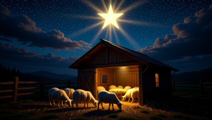 Night barn with sheep under starry sky